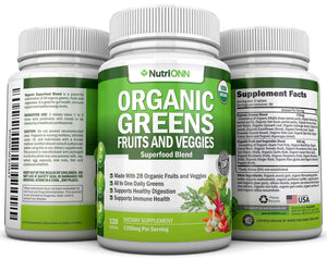 Organic Super Greens Capsules - Fruit And Vegetable Supplements - 120 Count - 28 USDA Organic & Vegan Premium Ingredients - Superfood Blend For Immune Health, Digestion & Energy - Whole Food Vitamins