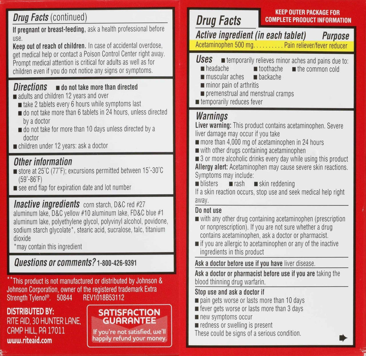 Rite Aid Extra Strength Acetaminophen Easy Tabs Tablets, 500 mg - 100 Count - Pain Reliever & Fever Reducer - Migraine Relief Products - Joint Pain Relief - Muscle Pain Relief - Menstrual Pain Relief