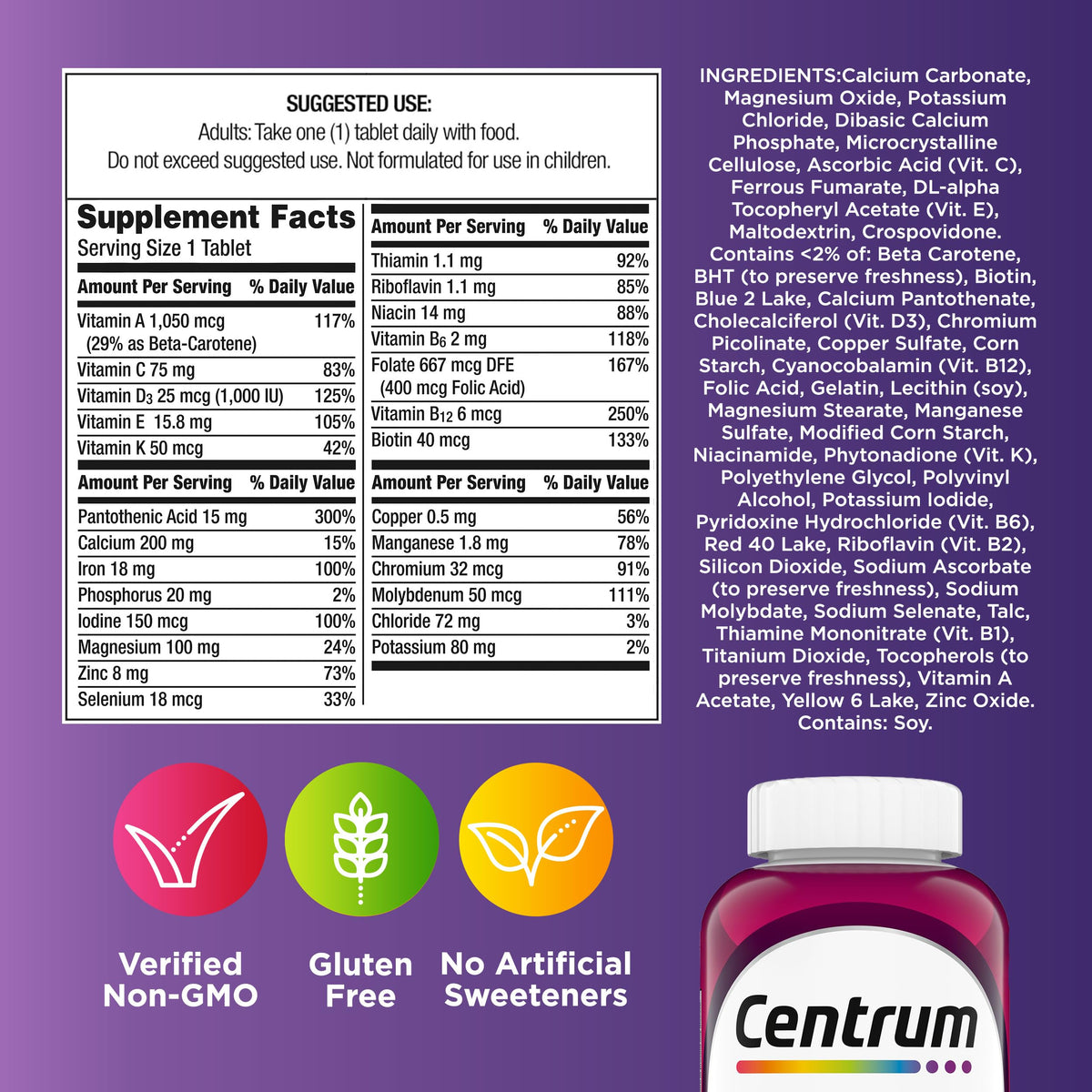 Centrum Multivitamin for Women, Multivitamin/Multimineral Supplement with Iron, Vitamin D3, B Vitamins and Antioxidant Vitamins C and E, Gluten Free, Non-GMO Ingredients - 65 Count