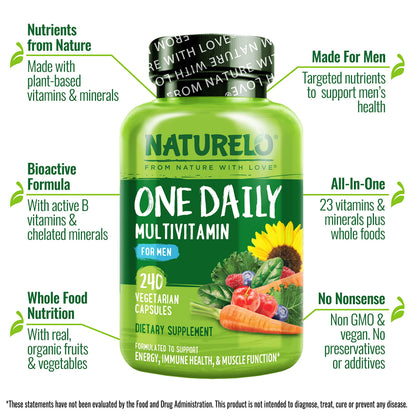 NATURELO Mens Multivitamins - One Daily Multivitamin for Men with Vitamins, Minerals & Organic Whole Foods, Boost Energy & Health, Non-GMO, 240 Vegetarian Capsules
