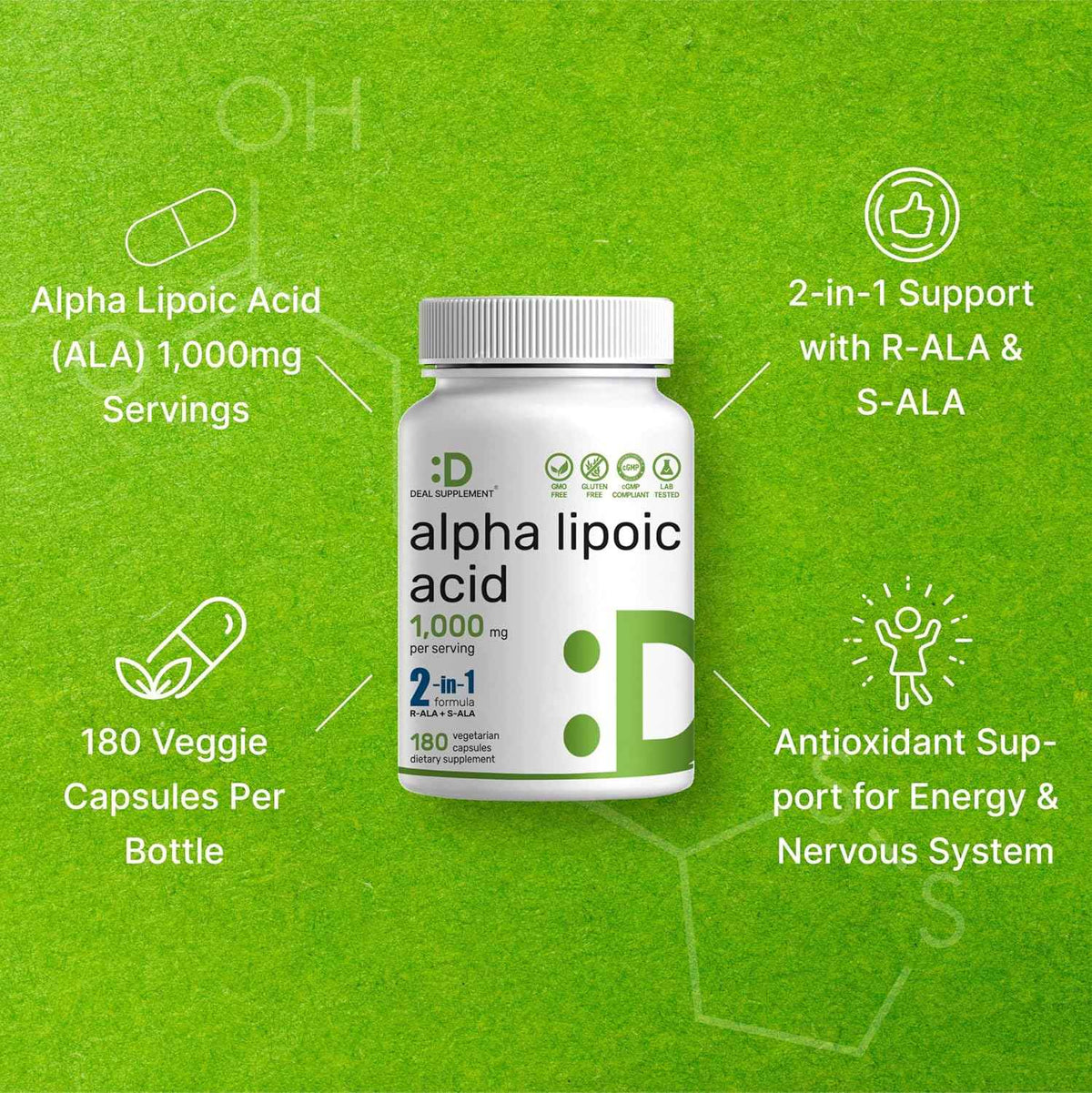 Alpha Lipoic Acid 1,000mg, 180 Veggie Capsules - 50/50 R-ALA & S-ALA for Max Bioavailability - Antioxidant Supplement - Energy & Nervous System Support - Non-GMO