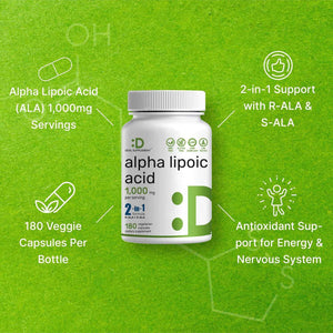 Alpha Lipoic Acid 1,000mg, 180 Veggie Capsules - 50/50 R-ALA & S-ALA for Max Bioavailability - Antioxidant Supplement - Energy & Nervous System Support - Non-GMO