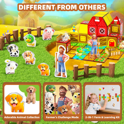 GobiDex Magnetic Tiles with Farm Animals Building Blocks, STEM Sensory Toys for Indoor, Outdoor, and Travel Play, Educational Magnet Toy Gift for Preschool Kids Ages 3-5, 4-8