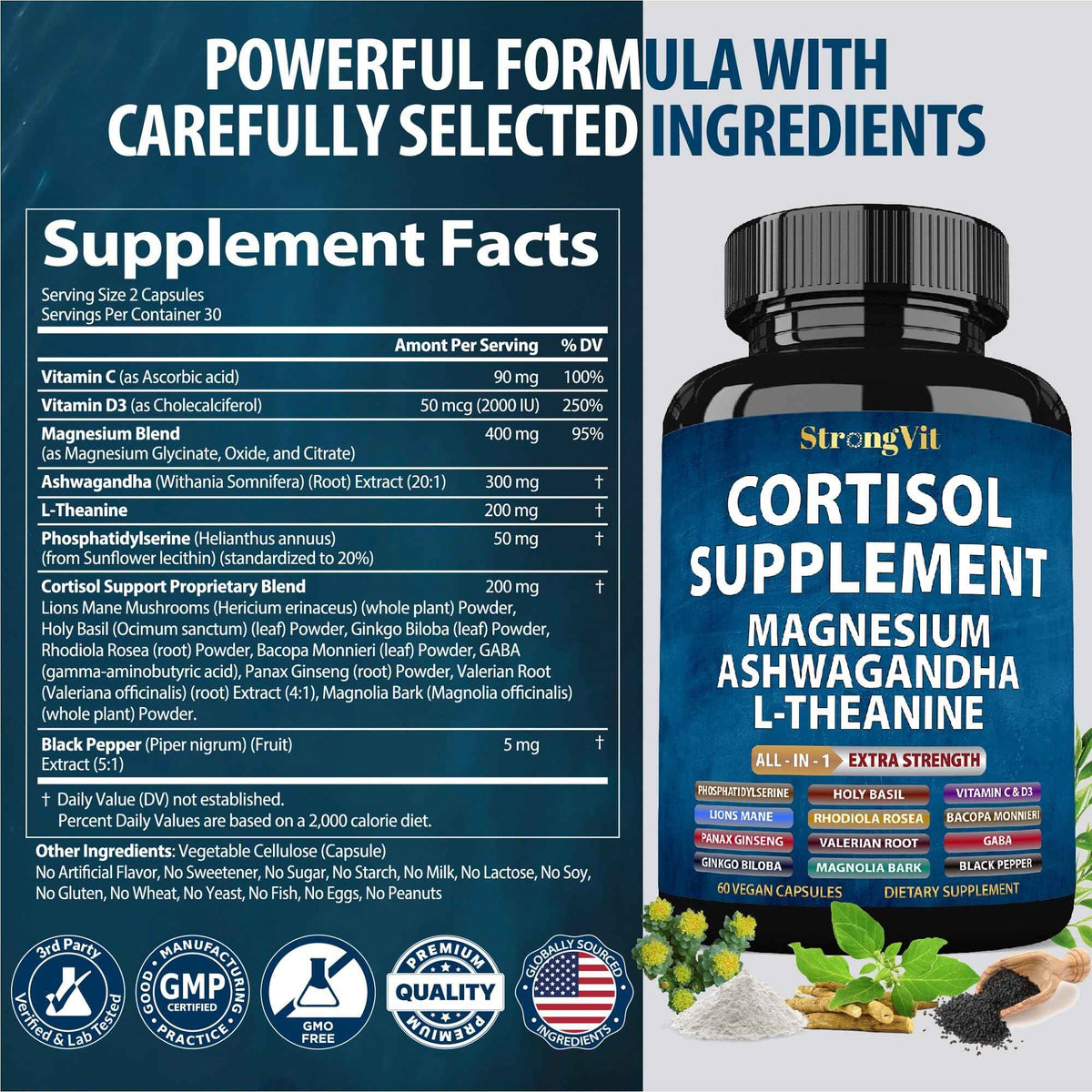 StrongVit Cortisol Supplements for Women and Men with Magnesium, Ashwagandha & L-Theanine. High Cortisol Reducer, Manager, Detox