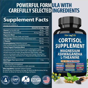 StrongVit Cortisol Supplements for Women and Men with Magnesium, Ashwagandha & L-Theanine. High Cortisol Reducer, Manager, Detox