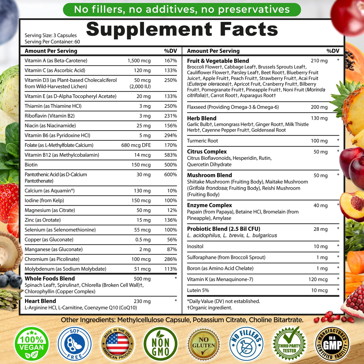 Vegan Whole Food Daily Multivitamin Without Iron, Methylated Multivitamin for Women and Men, Made with Fruits & Vegetables, B-Complex, Probiotics, Enzymes, CoQ10, Omegas, Turmeric, Non-GMO, 180 Count