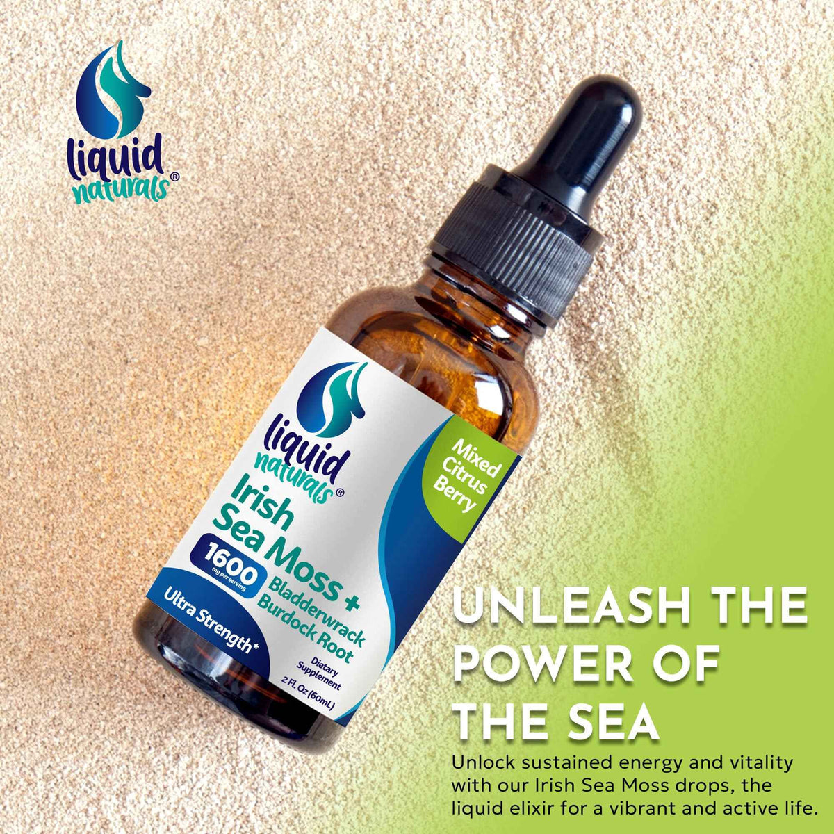 Irish Sea Moss Drops - Citrus Berry Flavor - 92+ Essential Minerals & Vitamins - Energy, Skin, Gut, Recovery - Bladderwrack and Burdock Root - 2 fl. oz