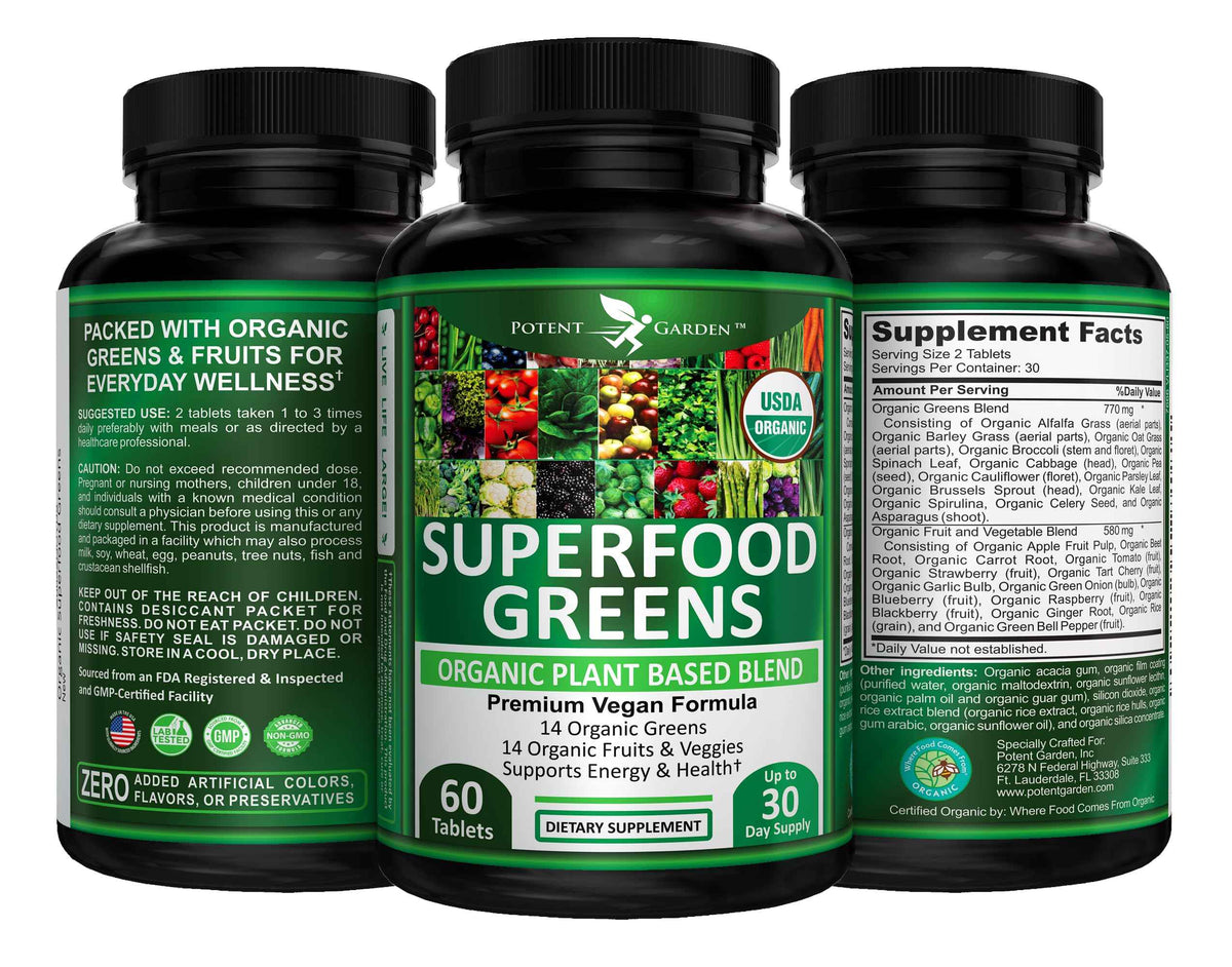Potent Garden Organic Superfood Greens, Fruit and Veggies Supplement Rich in Vitamins & Antioxidants with Alfalfa, Beet Root & Tart Cherry to Boost Energy, Immunity & Gut Health, Greens Tablets 60 Ct