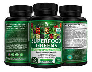 Potent Garden Organic Superfood Greens, Fruit and Veggies Supplement Rich in Vitamins & Antioxidants with Alfalfa, Beet Root & Tart Cherry to Boost Energy, Immunity & Gut Health, Greens Tablets 60 Ct