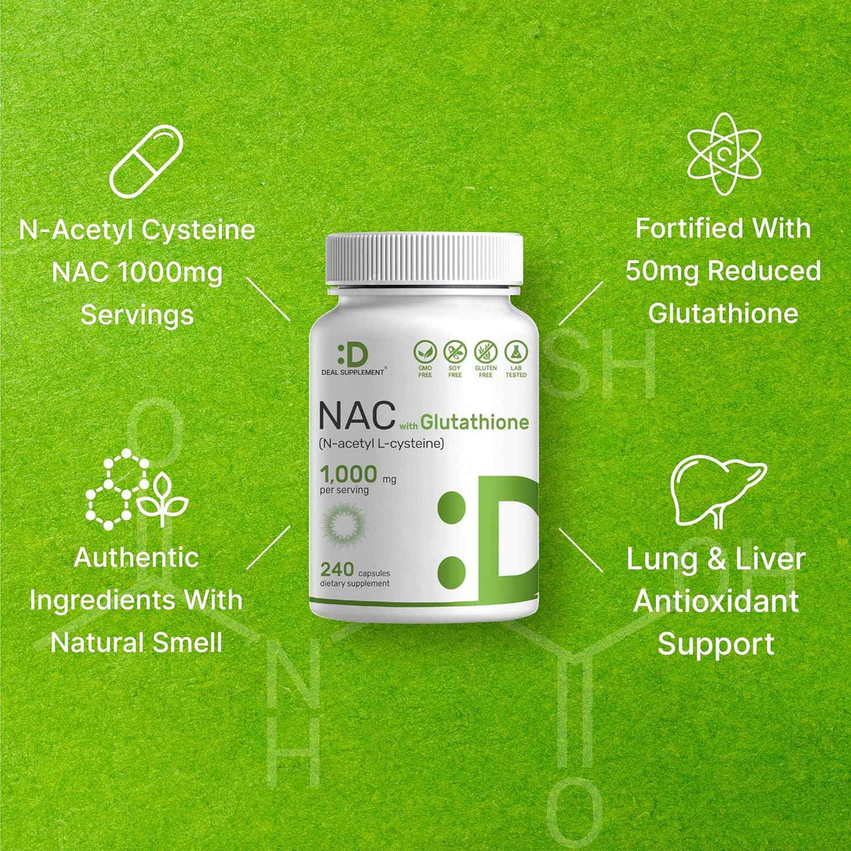 DEAL SUPPLEMENT NAC Supplement (N-Acetyl Cysteine) 1,000mg Per Serving with Reduced Glutathione, 240 Capsules - Antioxidant Support for Immune Health, Lung, & Liver Function