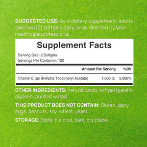 Vitamin E Supplements, 1,000 IU Per Serving, 240 Softgels - Extra Strength Antioxidant Protection - Bioavailable Stable Form - Skin, Heart, Brain, & Immune Support - Non-GMO
