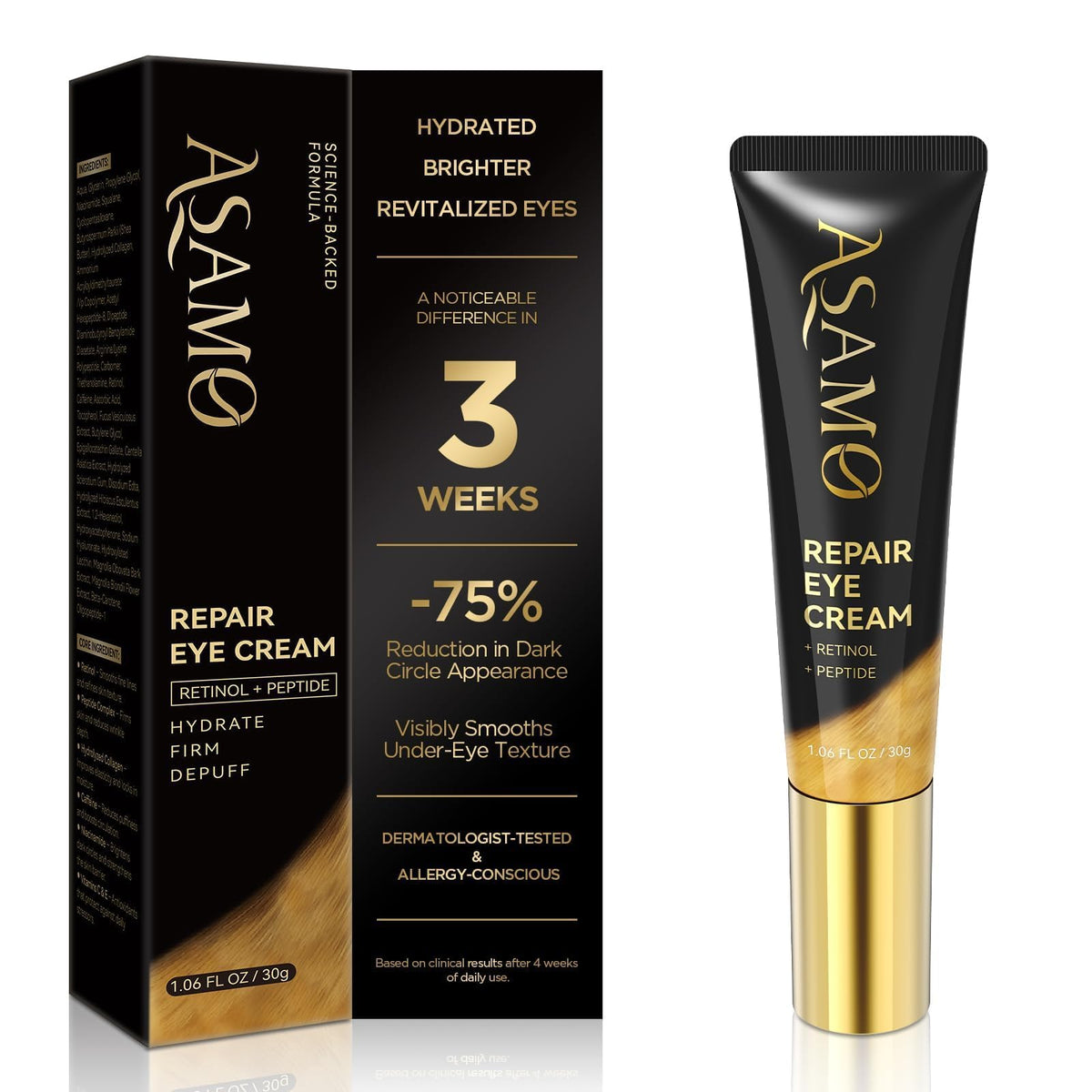 ASAMO 1.06 fl oz Retinol and Peptides Eye Cream for daily wrinkle and shadow reduction.