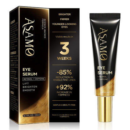 ASAMO 20ml Retinol and Vegan Collagen Eye Serum for rapid wrinkle and bag reduction.