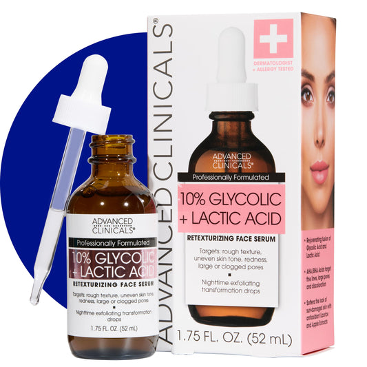Advanced Clinicals 10% Glycolic Acid Serum bottle with dropper, a potent triple-acid exfoliating serum for skin resurfacing and pore refining.