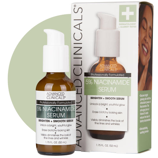 Advanced Clinicals 5% Niacinamide Serum bottle with dropper, featuring a skin-balancing formula for dark spot correction and pore refinement.