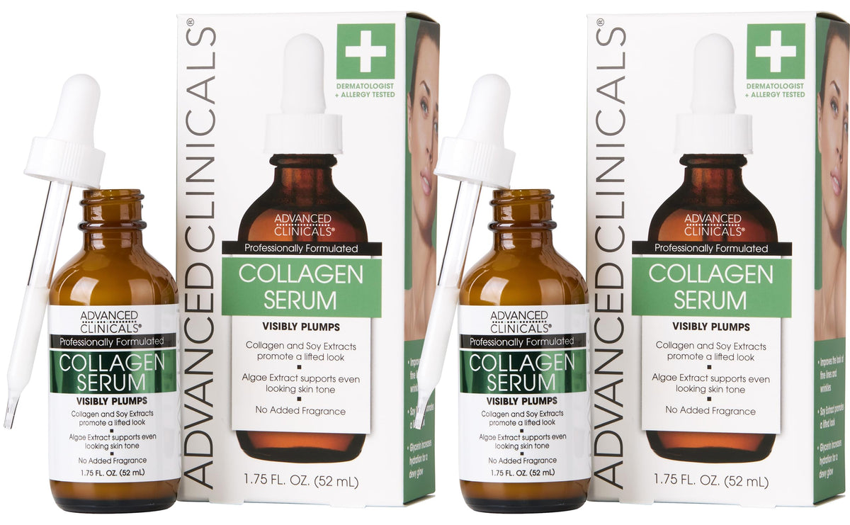 Advanced Clinicals Collagen Serum 2-pack bottles, fragrance-free formula with Collagen Peptides and Hyaluronic Acid for sensitive aging skin.