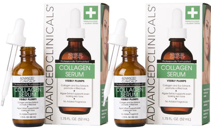 Advanced Clinicals Collagen Serum 2-pack bottles, fragrance-free formula with Collagen Peptides and Hyaluronic Acid for sensitive aging skin.