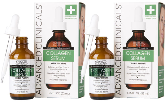 Advanced Clinicals Collagen Serum 2-pack bottles, fragrance-free formula with Collagen Peptides and Hyaluronic Acid for sensitive aging skin.
