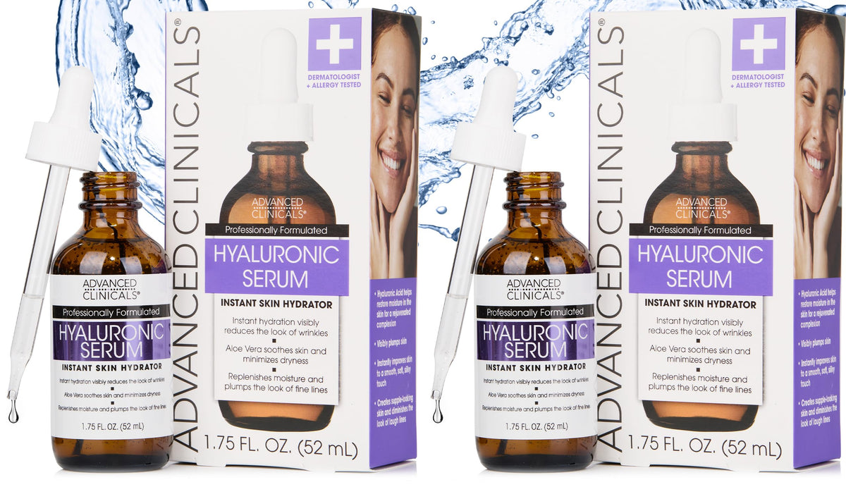 Advanced Clinicals Hyaluronic Acid Serum 2-pack bottles, showing a clear, lightweight hydrating formula for intense moisture and skin plumping.