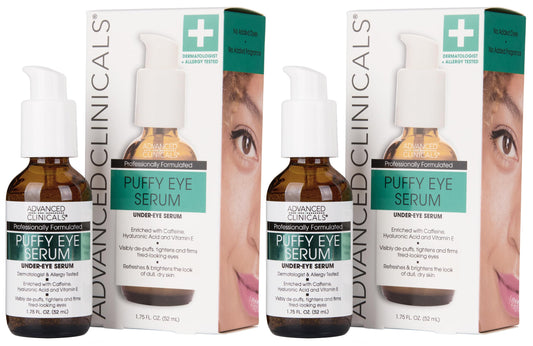 Advanced Clinicals Puffy Eye Serum 2-pack bottles, featuring a brightening formula with Vitamin C and Caffeine for tired and swollen under-eyes.