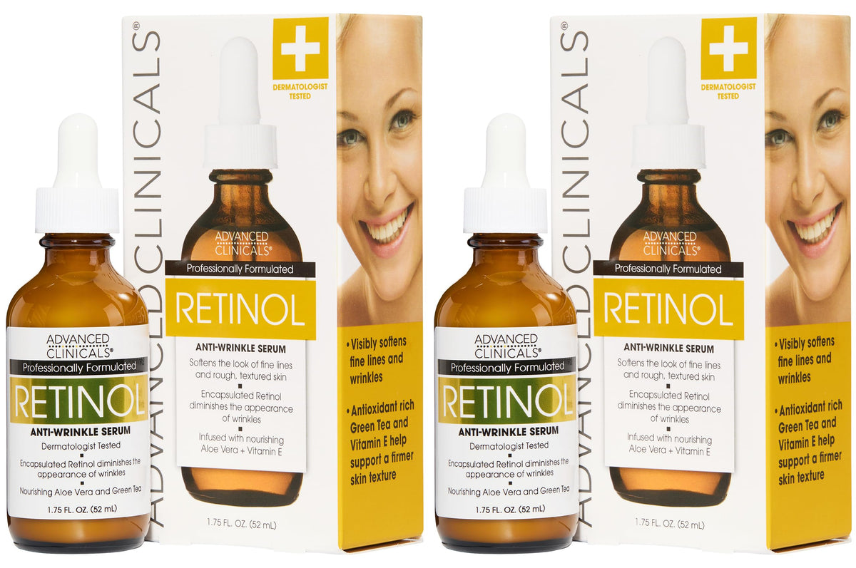 Advanced Clinicals Retinol Serum 2-pack bottles, a professional-grade anti-aging treatment for smoothing wrinkles and improving skin elasticity.