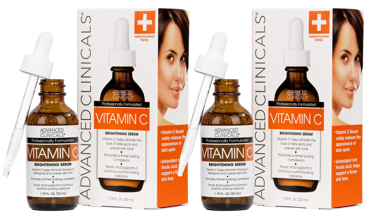 Advanced Clinicals Brightening Vitamin C Serum 2-pack bottles with droppers, designed for improving dark spots and skin texture using a blend of Vitamin C and AHA.