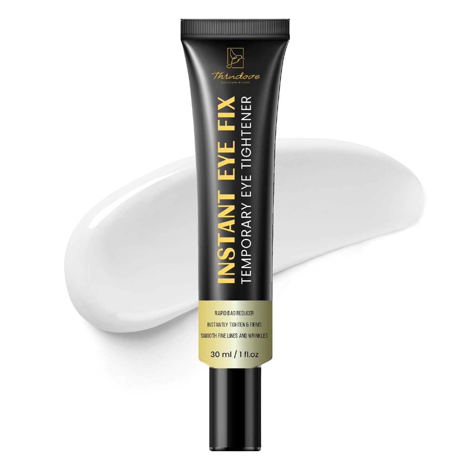 Aemerry Instant Eye Tightener 1 oz tube, demonstrating the rapid tightening and smoothing effect on under-eye bags and wrinkles.