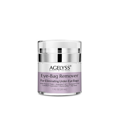 A 1 fl oz tube of Agelyss Eye-Bag Cream, a premium vegan treatment for smoothing and depuffing the under-eye area.