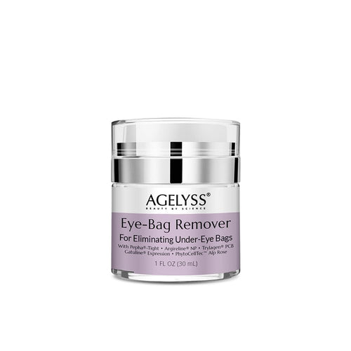 A 1 fl oz tube of Agelyss Eye-Bag Cream, a premium vegan treatment for smoothing and depuffing the under-eye area.