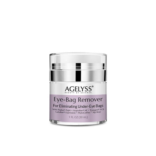 A 1 fl oz tube of Agelyss Eye-Bag Cream, a premium vegan treatment for smoothing and depuffing the under-eye area.
