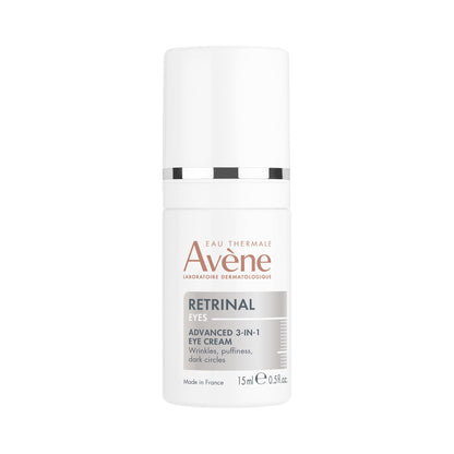 Bottle of Avène Retrinal EYES Advanced 3-In-1 Eye Cream, a premium French anti-aging retinal eye treatment.