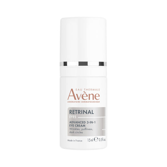 Bottle of Avène Retrinal EYES Advanced 3-In-1 Eye Cream, a premium French anti-aging retinal eye treatment.