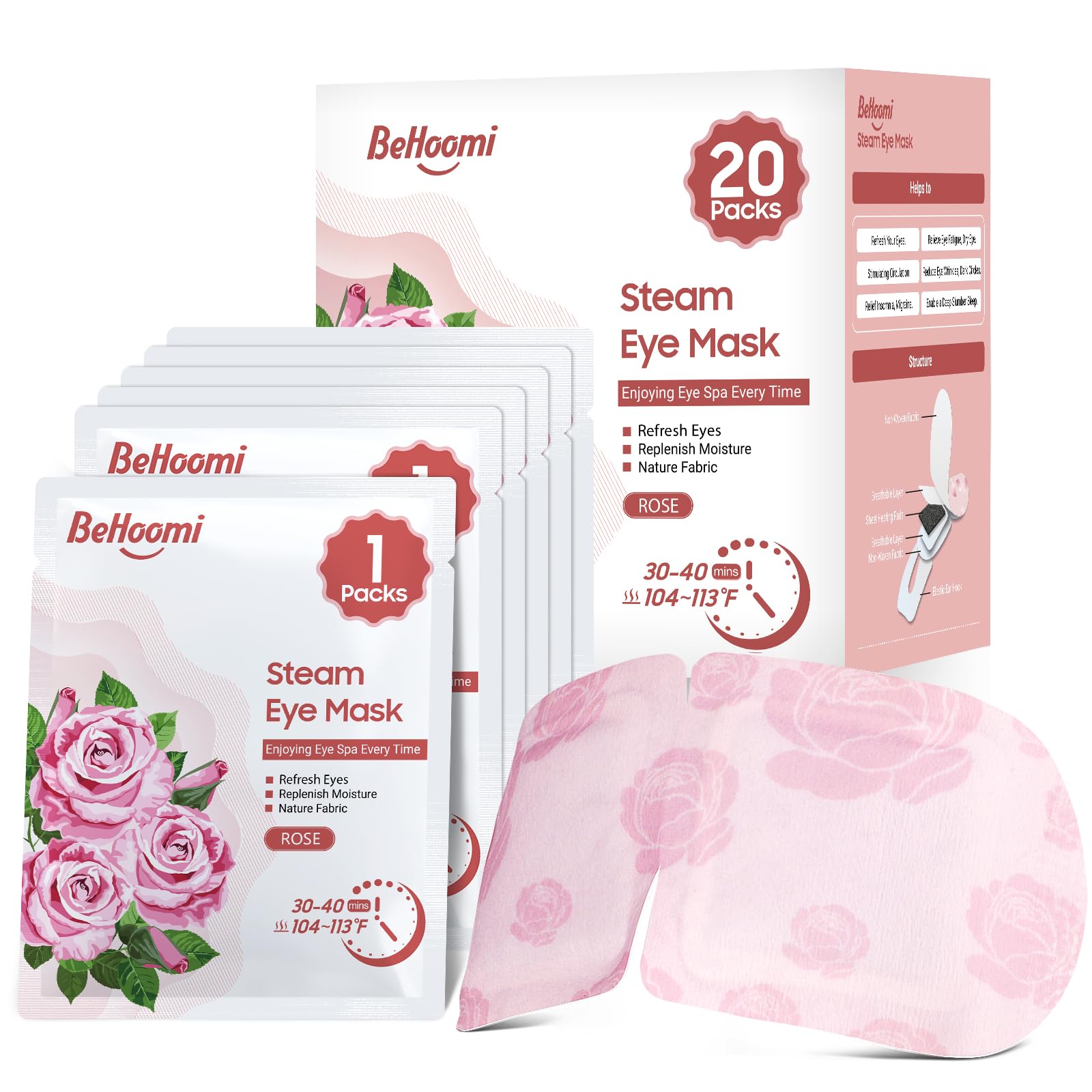 BeHoomi self heating steam eye mask rose scented warm compress for sleep relaxation and eye fatigue relief 20 pack