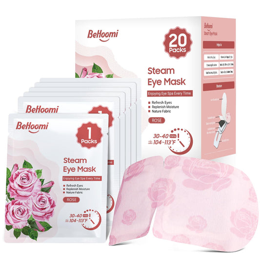 BeHoomi self heating steam eye mask rose scented warm compress for sleep relaxation and eye fatigue relief 20 pack