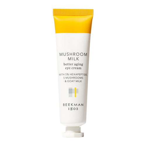 Beekman 1802 Mushroom Goat Milk Eye Cream jar, featuring a creamy texture for under-eye circles and fine line reduction.