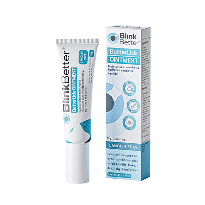 BlinkBetter 10g Lanolin-Free Eyelid Ointment tube for dry and sensitive eye areas.