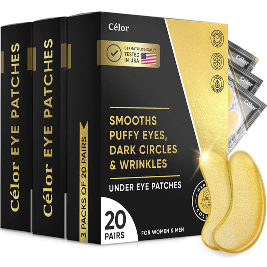 A jar of Celor Under Eye Patches containing 60 pairs of gold-infused collagen eye masks.