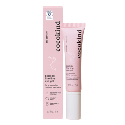Cocokind Peptide Eye Gel tube with a cooling metal applicator, designed for soothing and treating the delicate under-eye area.