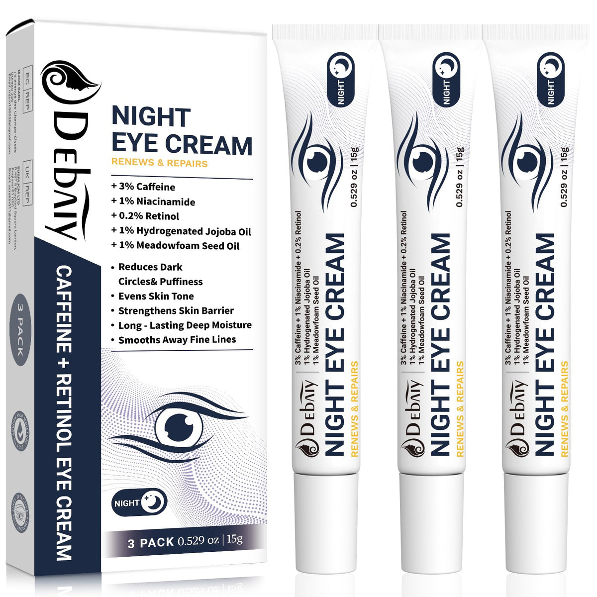 DEBAIY 3 Percent Caffeine Eye Cream for Dark Circles Puffiness and Under Eye Bags Anti Aging Eye Treatment 3 Pack