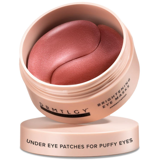 A jar of DRMTLGY Brightening Eye Masks containing 60 gold-tinted hydrogel patches.