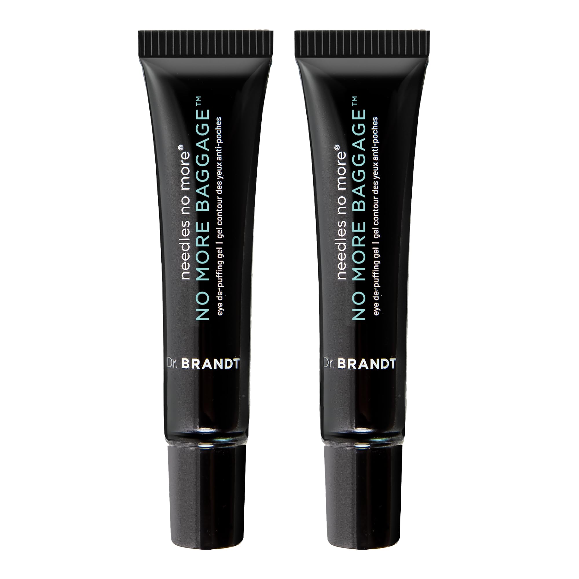 Two 0.23 oz travel-size tubes of Dr. Brandt Needles No More, No More Baggage for instant eye bag reduction.
