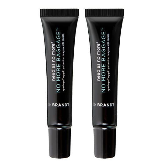 Two 0.23 oz travel-size tubes of Dr. Brandt Needles No More, No More Baggage for instant eye bag reduction.