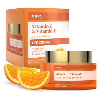 A 1.01 oz tube of Envy Vitamin C & Vitamin E Under Eye Cream, a brightening Korean skincare treatment for all skin types.