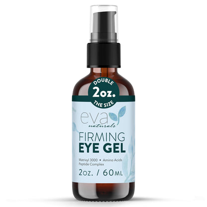 2 oz bottle of Eva Naturals Eye Gel, a firming and hydrating peptide serum for tired eyes and wrinkles.