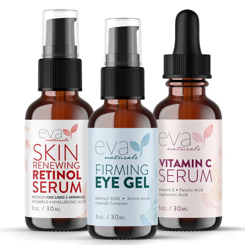 Eva Naturals 3-piece Facelift in a Bottle Set including Vitamin C serum, Retinol serum, and Peptide eye gel.