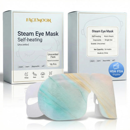 FACEMOON Self Heating Steam Eye Masks, a pack of 16 disposable warm compress masks for soothing dry and tired eyes.