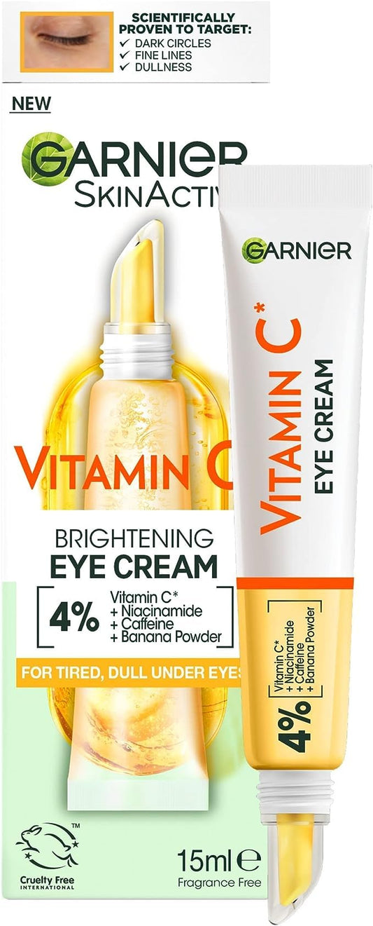Garnier Vitamin C Eye Cream 15ml tube, clinical formula with Vitamin Cg and Caffeine for brightening dark circles and reducing puffiness.