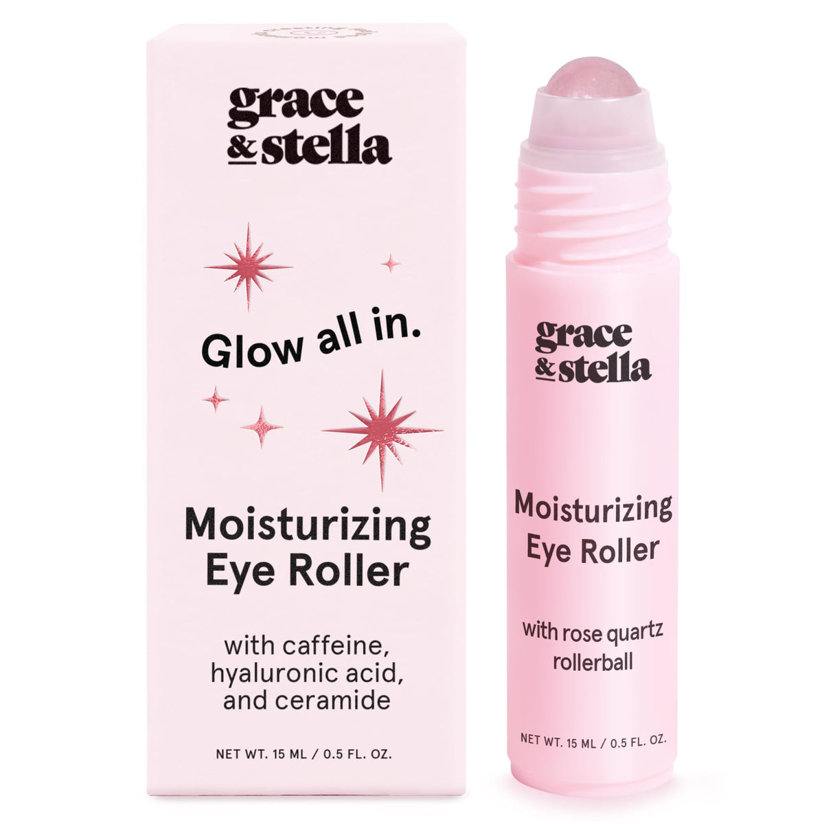 Grace & Stella Under Eye Brightener 15ml - Hyaluronic Acid Eye Serum with Genuine Rose Quartz Rollerball