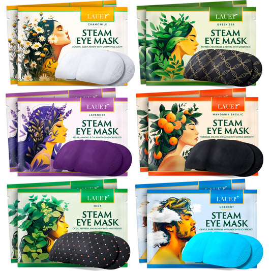 Pack of colorful steam eye masks with different scents like Lavender, Chamomile, and Mint, showing the self-heating warm compress feature.