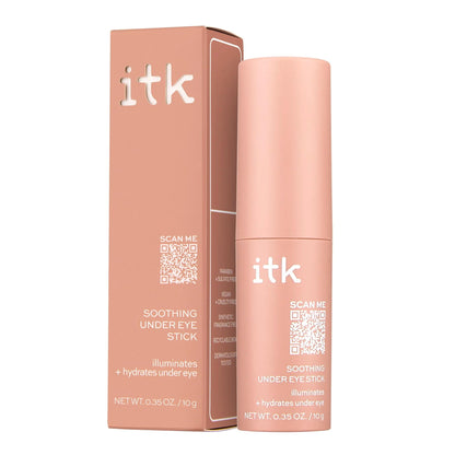 ITK Skincare Caffeine + Aloe Vera Under Eye Stick balm, showing the green twist-up applicator designed for soothing puffy eyes and hydrating fine lines.